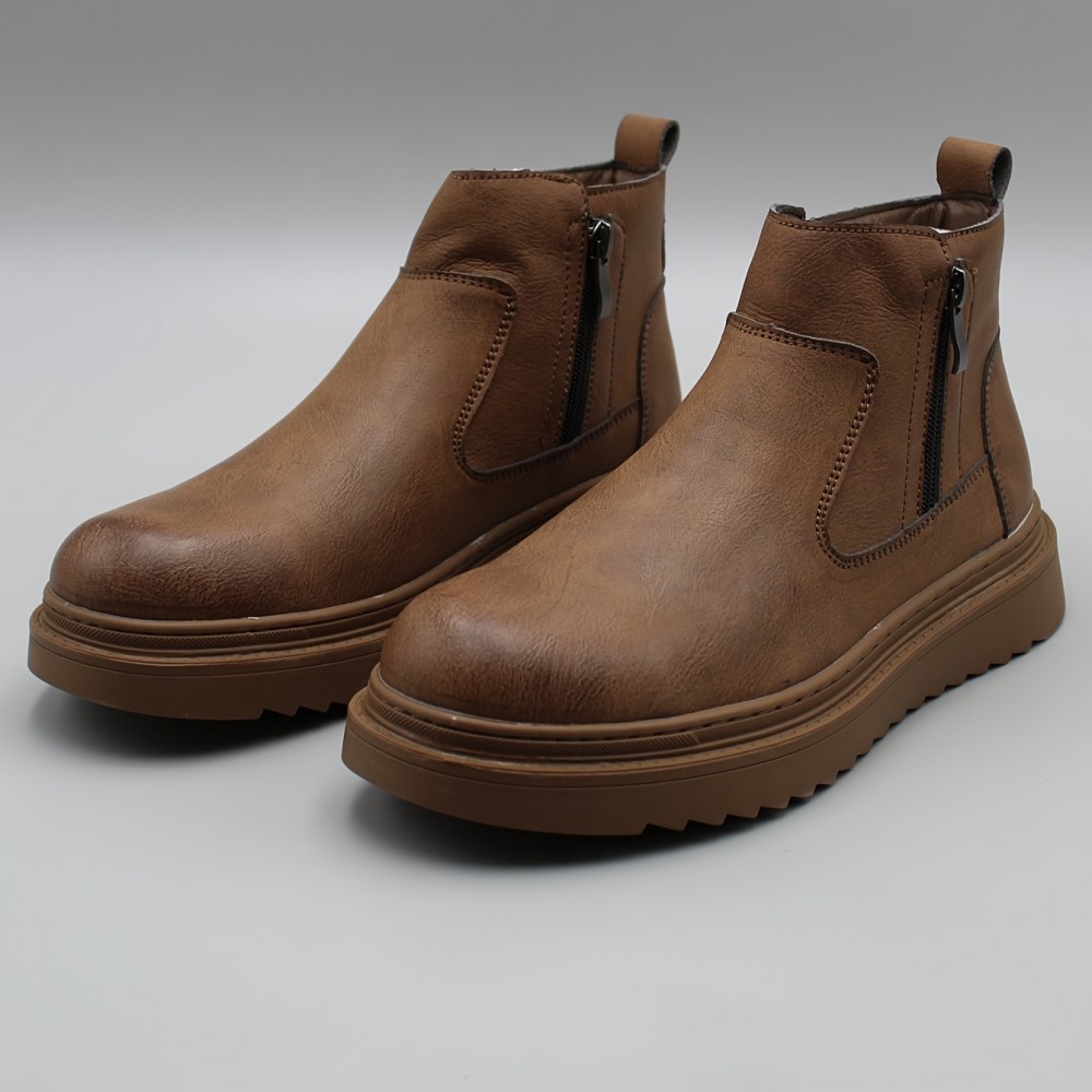 Men's Retro Solid Ankle Boots, Waterproof Wear-resistant Anti-skid Slip On Boots With Side Zipper Decor For Outdoor - Image 2