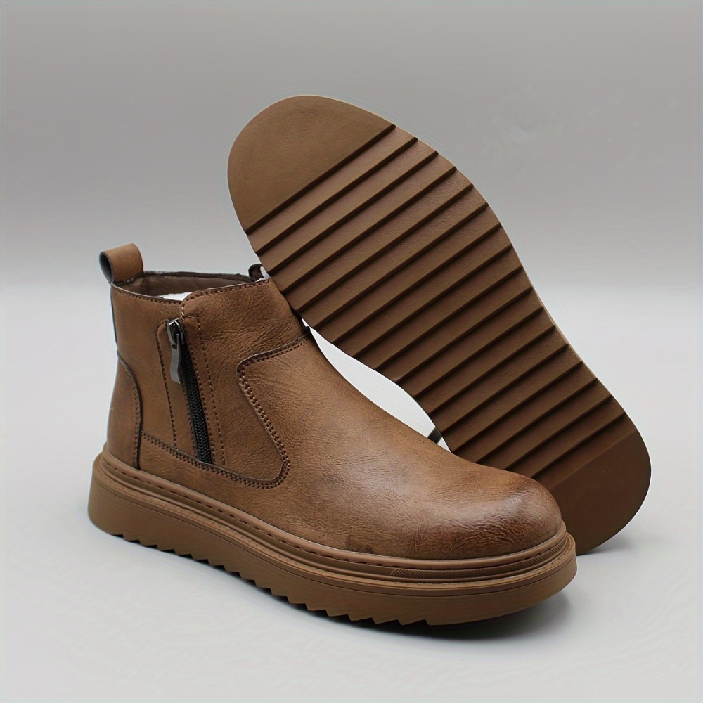 Men's Retro Solid Ankle Boots, Waterproof Wear-resistant Anti-skid Slip On Boots With Side Zipper Decor For Outdoor - Image 3